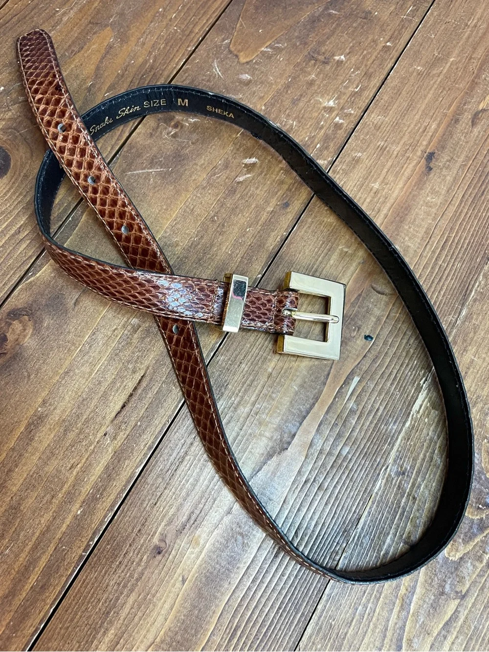 Sheka vintage snakeskin belt with gold tone square buckle size medium